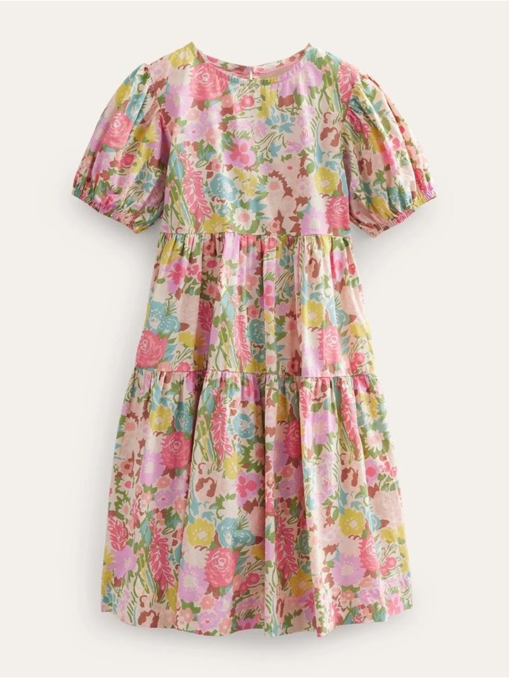 Mini Boden Girls Pink Multi Floral Puff-Sleeve Tiered Cotton Dress 5-6 years